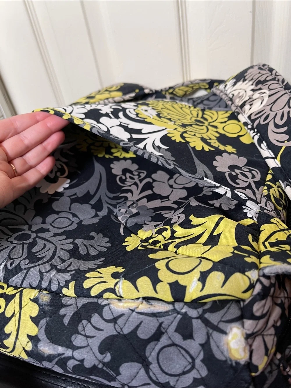 Vera Bradley Black Travel Backpack with Yellow, Gray & Cream Floral Print